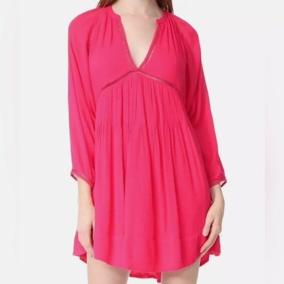 FREE PEOPLE GO LIGHTLY V-NECK 3/4 SLEEVE SWING DRESS HOT PINK SIZE SMALL - Picture 2 of 10